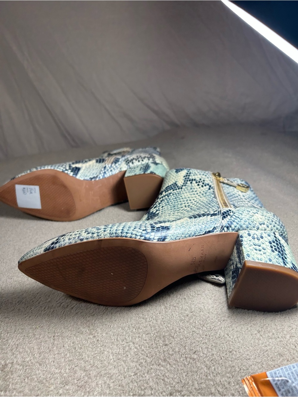 Cole Haan Blue & Gray Snake-Print Ankle Booties with Gold Zip 5.5 - Picture 7 of 10